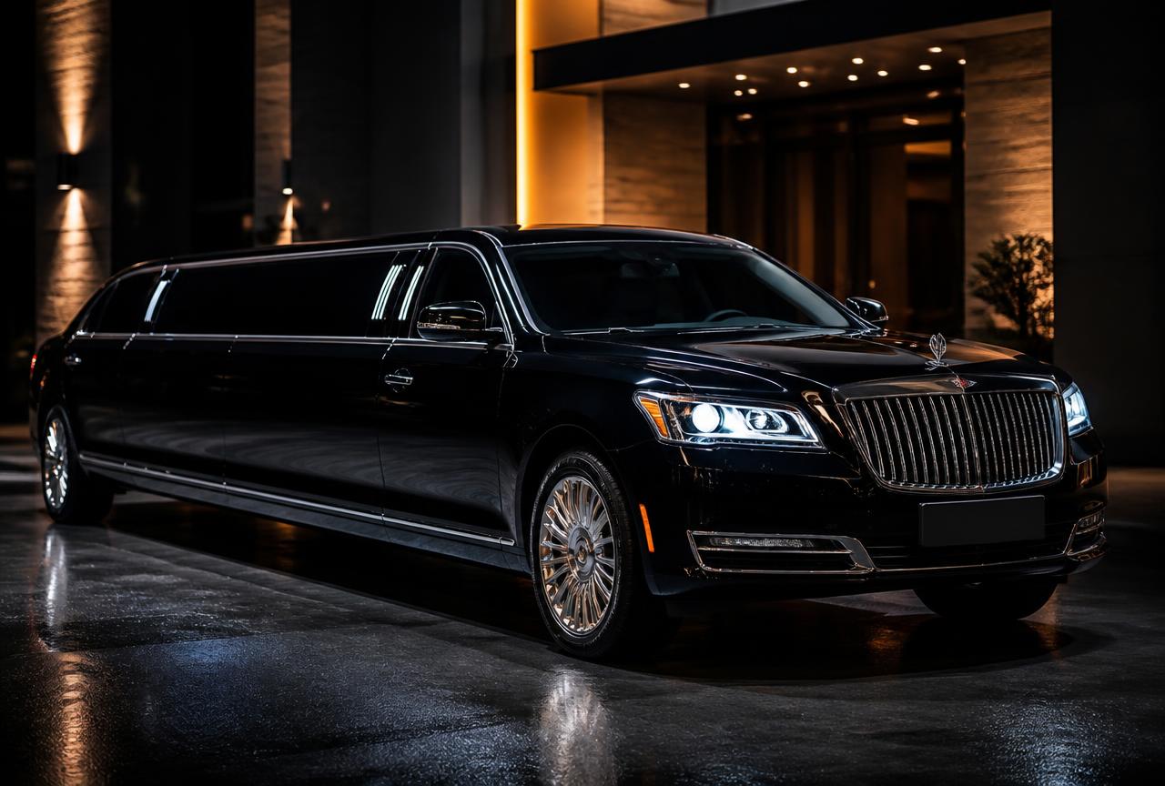 Black stretch limousine detailed to a mirror shine