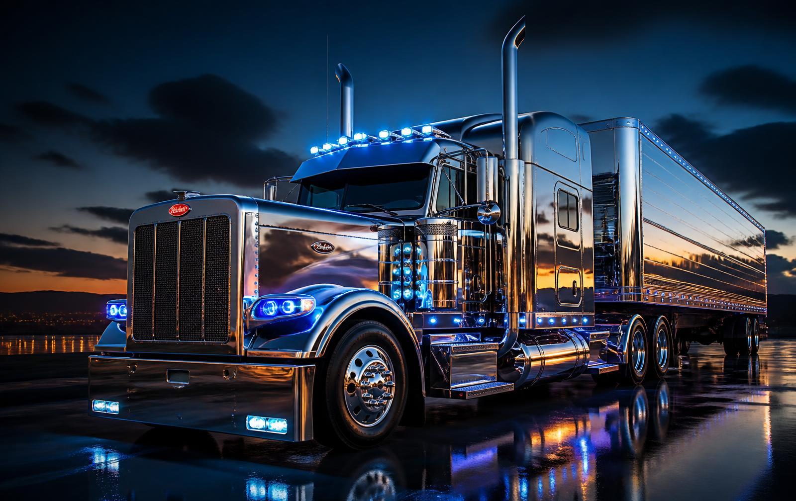 Polished chrome semi truck and trailer at dusk